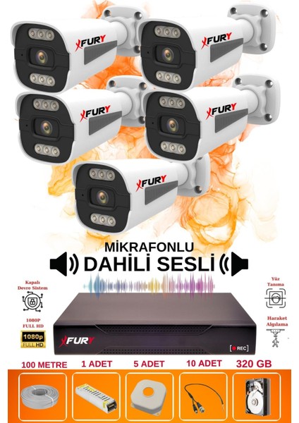 5 Li Sesli 6 Warm LED Gece Renkli Görüş Su Geçirmez Güvenlik Kamerası Seti 320GB fiyatları