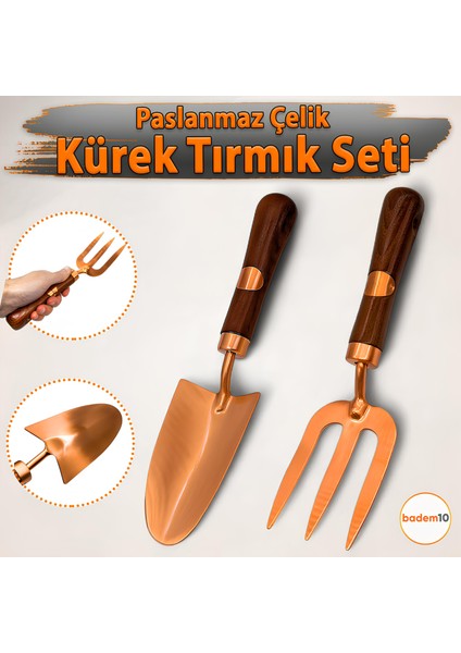 Paslanmaz 2’li Bahçe Hobi Seti Kürek Dirgen Tırmık Ergonomik Ahşap Sap Tarla Balkon Sebze Çiçek Alet