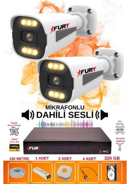 2 Li Sesli 6 Warm LED Gece Renkli Görüş Su Geçirmez Güvenlik Kamerası Seti 320GB