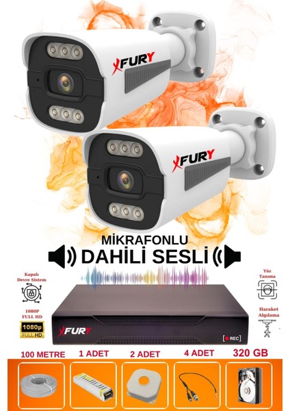2 Li Sesli 6 Warm LED Gece Renkli Görüş Su Geçirmez Güvenlik Kamerası Seti 320GB