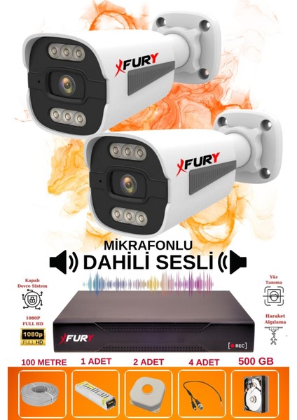 2 Li Sesli 6 Warm LED Gece Renkli Görüş Su Geçirmez Güvenlik Kamerası Seti 500GB fiyatları