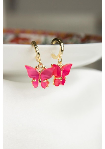 Pembe Kelebek Figürlü Küpe