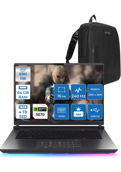 Rog Strix G16 Intel Core Ultra 9 275HX 64GB Ddr5 4tb SSD 8GB/RTX5070/115W 16" 2.5k 240Hz 3ms IPS Freedos Taşınabilir Bilgisayar S5116F24 + Zettaçanta