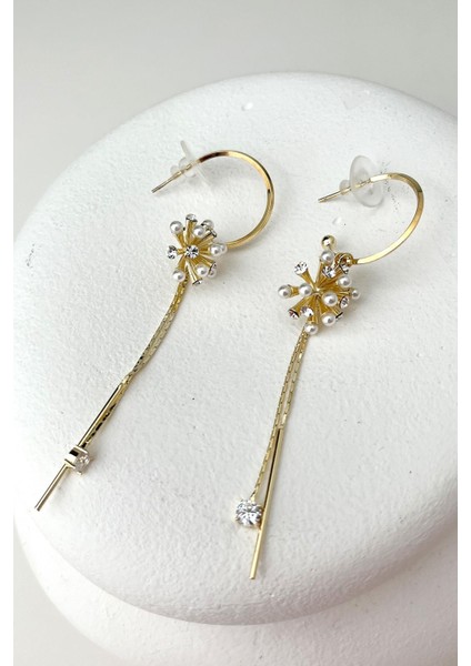 Incili Top Sallantılı Altın Rengi Küpe