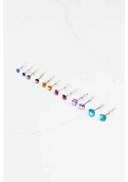 Çok Renkli Tek Taş Küpe Seti