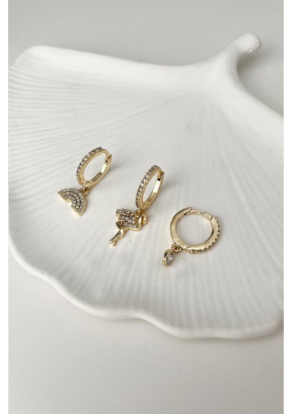 Gold Zirkon Taşlı Küpe Seti