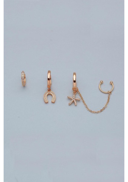 Gold Dörtlü Zirkon Taş Küpe