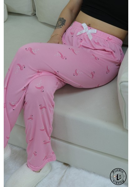 Pembe Pelikan Desenli Uzun Kadın Pijama Altı