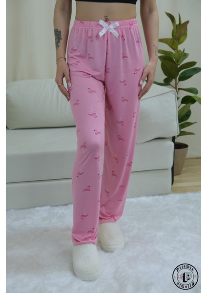 Pembe Pelikan Desenli Uzun Kadın Pijama Altı