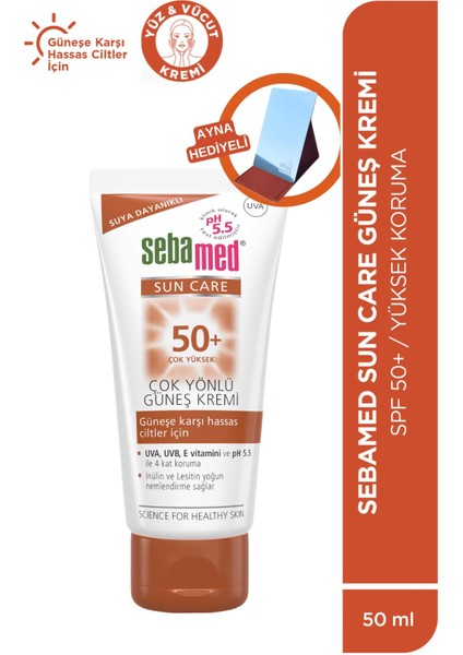 Suncare SPF50+UVA Uvb Filtresi ve E Vitamini Yüksek Koruma Çok Yönlü Güneş Kremi-Ayna Hediye