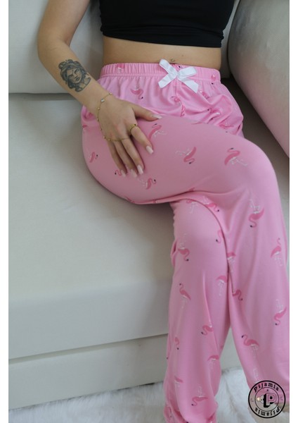 Pembe Pelikan Desenli Uzun Kadın Pijama Altı