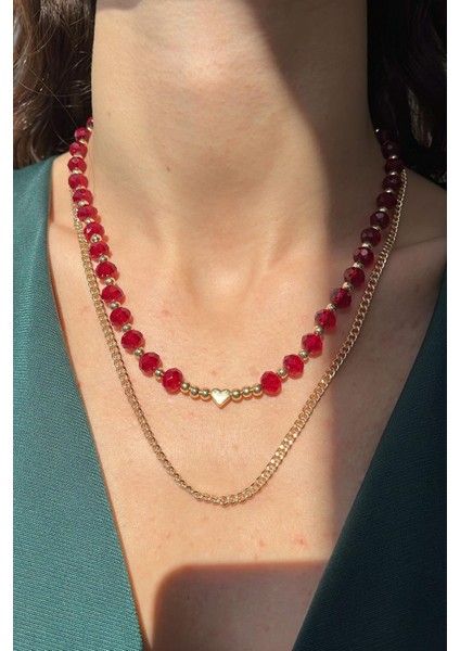 Kalp Figürlü Kristal Boncuk Ikili Kolye Sevgiliye Hediye