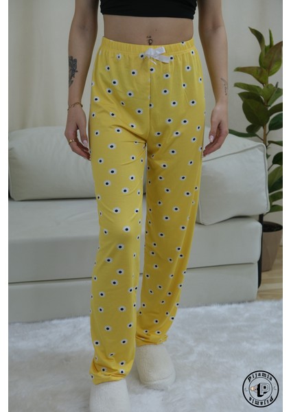 Sarı Papatya Desenli Uzun Kadın Pijama Altı