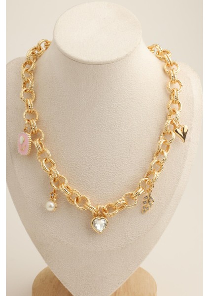 Çiçek Kalp Yaprak Figürlü Zincir Kolye (40+5cm)