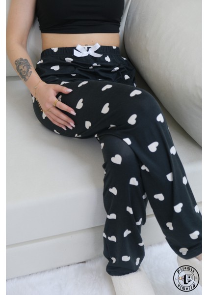 Siyah Kalp Desenli Uzun Kadın Pijama Altı