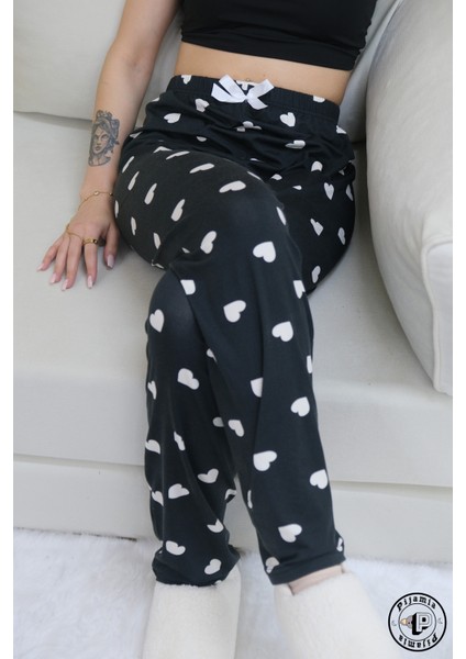 Siyah Kalp Desenli Uzun Kadın Pijama Altı