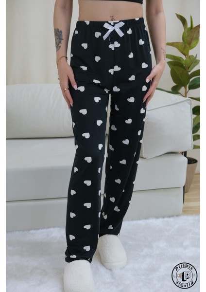 Siyah Kalp Desenli Uzun Kadın Pijama Altı
