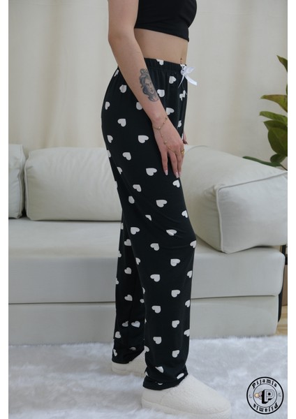Siyah Kalp Desenli Uzun Kadın Pijama Altı
