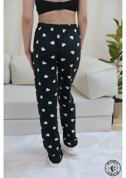 Siyah Kalp Desenli Uzun Kadın Pijama Altı