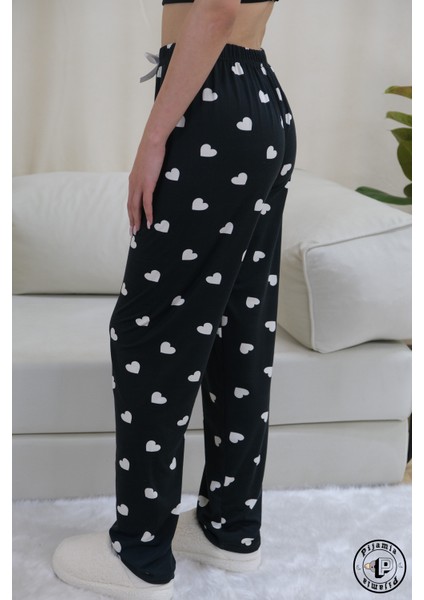 Siyah Kalp Desenli Uzun Kadın Pijama Altı