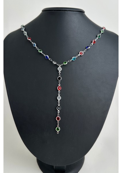 Yuvarlak Renkli Taşlı Crop Dekolte Y Kolye (56CM)