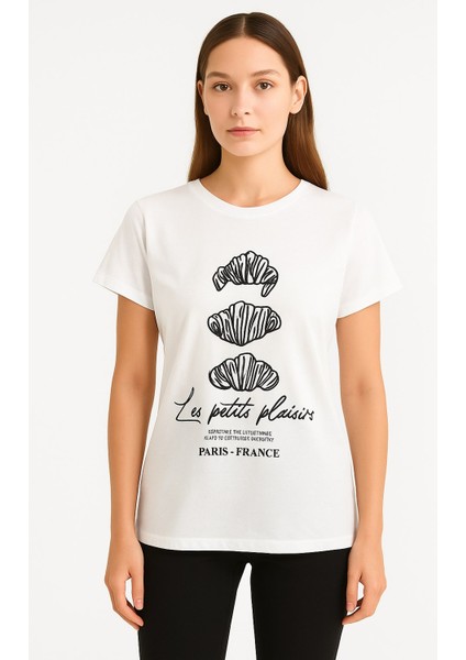 Lupinn Moda Bisiklet Yaka Beyaz Pamuklu Baskılı Kadın Tişört – “les Petits Plaisirs” Paris Tasarımlı