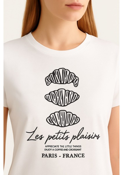 Lupinn Moda Bisiklet Yaka Beyaz Pamuklu Baskılı Kadın Tişört – “les Petits Plaisirs” Paris Tasarımlı fiyatları