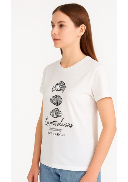 Lupinn Moda Bisiklet Yaka Beyaz Pamuklu Baskılı Kadın Tişört – “les Petits Plaisirs” Paris Tasarımlı modelleri