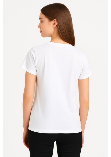 Lupinn Moda Bisiklet Yaka Beyaz Pamuklu Baskılı Kadın Tişört – “les Petits Plaisirs” Paris Tasarımlı fırsatları