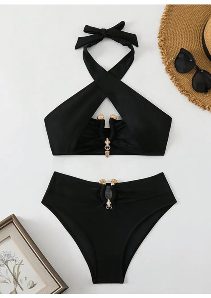 Black Çapraz Tasarım 2025 Desıgn Yüksek Bel Gold Aksesuar Detaylı Luxury Bikini fiyatları