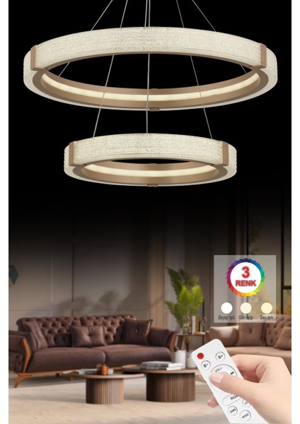 Istanbul Avize 2 Katlı Lecy Eskitme Kumandalı 3 Renk LED Modern Ledli Avize