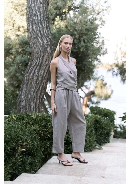 Struana Kruvaze Gri Crop Pantolon Takım