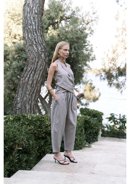 Struana Kruvaze Gri Crop Pantolon Takım modelleri