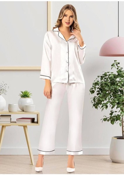 2045 Saten Gömlek Yaka Patlı Pijama Takımı