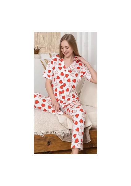 6295 Kadın Kalp Desenli Patlı Pijama Takımı