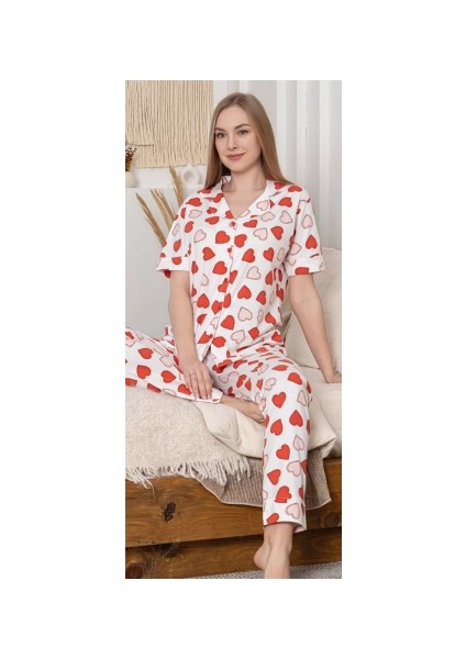 6295 Kadın Kalp Desenli Patlı Pijama Takımı