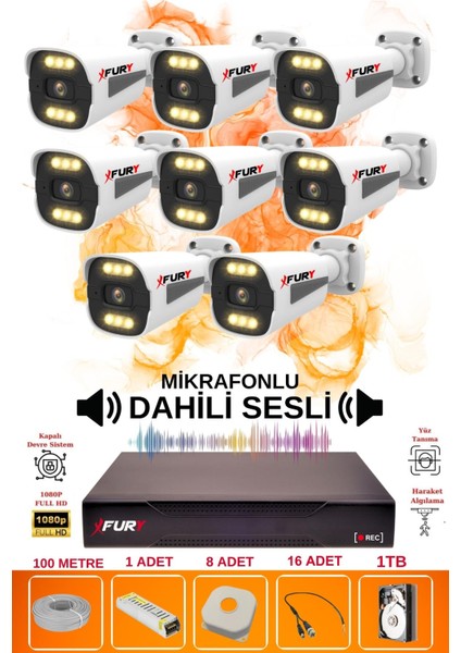 8 Li Sesli 6 Warm LED Gece Renkli Görüş Su Geçirmez Güvenlik Kamerası Seti 1tb