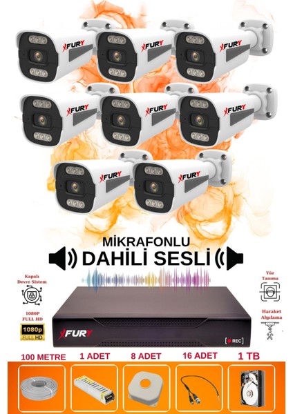 8 Li Sesli 6 Warm LED Gece Renkli Görüş Su Geçirmez Güvenlik Kamerası Seti 1tb