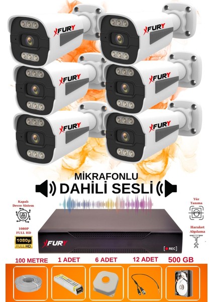6 Lı Sesli 6 Warm LED Gece Renkli Görüş Su Geçirmez Güvenlik Kamerası Seti 500GB fiyatları