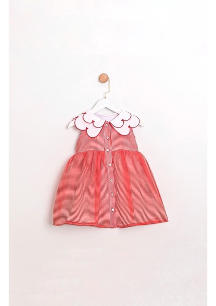 Yaka Detaylı Çizgili Kız Çocuk Elbise Kırmızı