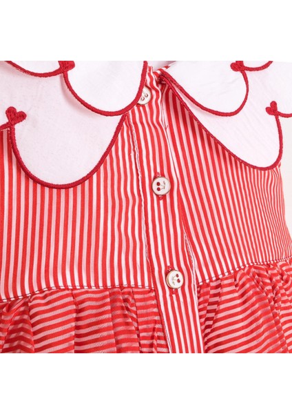 Yaka Detaylı Çizgili Kız Çocuk Elbise Kırmızı fırsatları