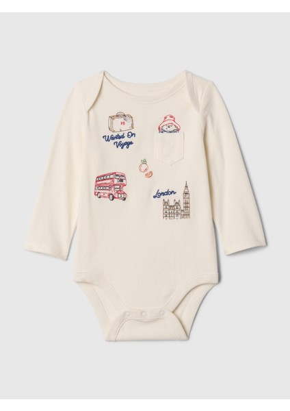 Bebek Kırık Beyaz %100 Organik Pamuk Paddington Grafikli Bodysuit