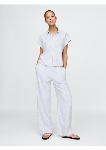 Kadın Açık Mavi Keten Karışımlı Easy Wide Leg Pantolon