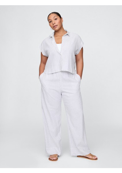 Kadın Açık Mavi Keten Karışımlı Easy Wide Leg Pantolon fırsatları