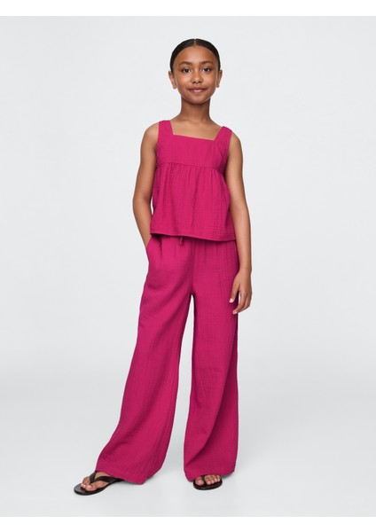 Kız Çocuk Pembe Gauze Wide-Leg Pantolon