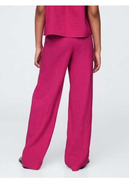 Kız Çocuk Pembe Gauze Wide-Leg Pantolon