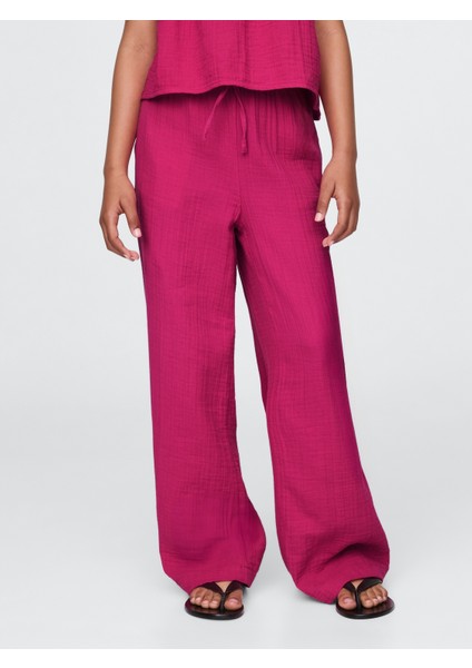 Kız Çocuk Pembe Gauze Wide-Leg Pantolon