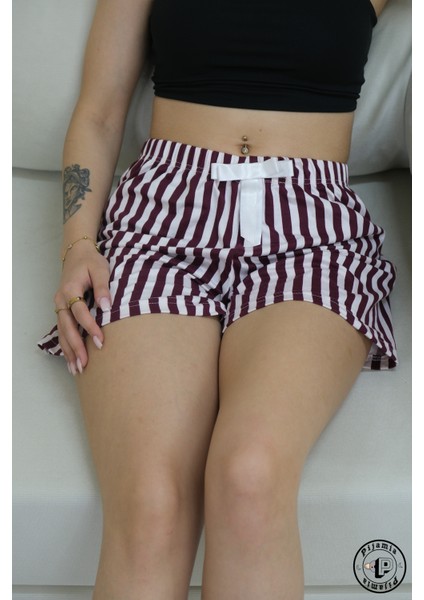 Lila Çizgi Desenli Şort Kadın Pijama Altı