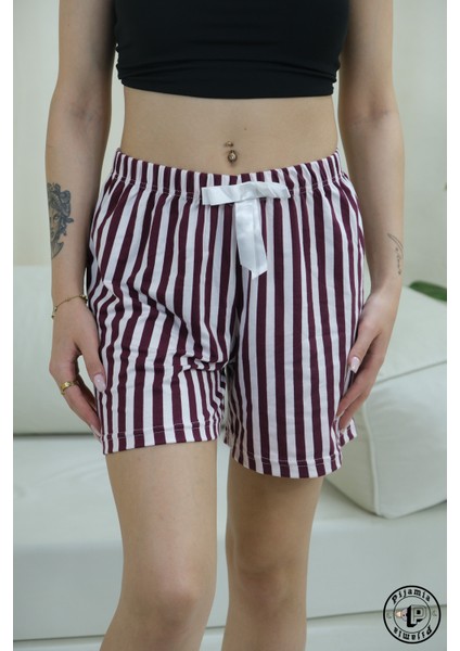 Lila Çizgi Desenli Şort Kadın Pijama Altı