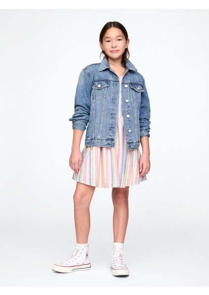 Kız Çocuk Çok Renkli Keten Karışımlı Çizgili Elbise